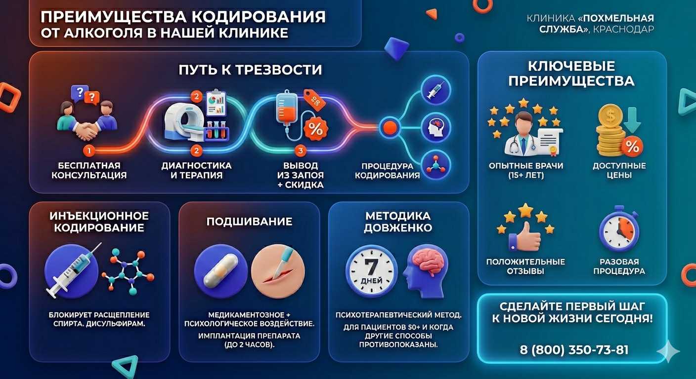 Инфографика о методах кодирования от алкоголя в Кстово: инъекции, подшивание, метод Довженко. Преимущества клиники и этапы лечения.