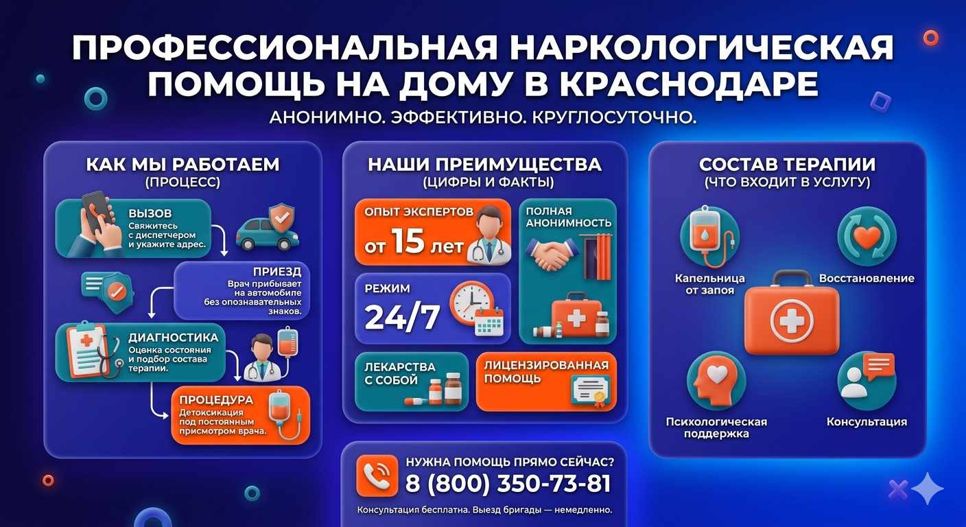 Инфографика о принципах лечения алкоголизма на дому в Кстово: этапы вызова нарколога, преимущества анонимной детоксикации и состав медицинской помощи.